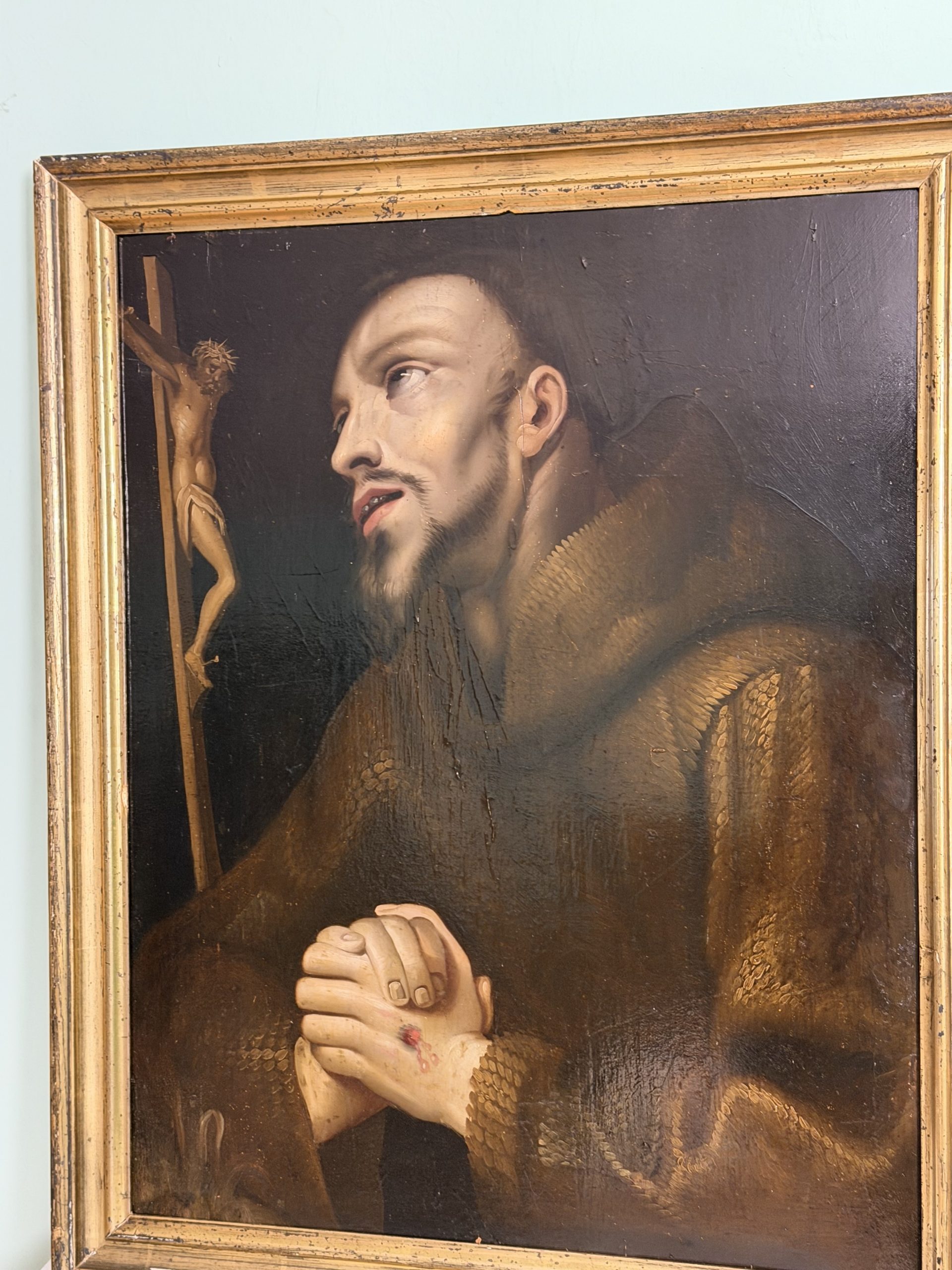 Dipinto Olio Su Tavola raffigurante San Francesco In Preghiera XVII secolo - immagine 2