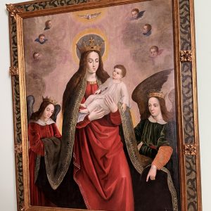 Dipinto Olio Su Tavola Raffigurante Vergine incoronata Bambin Gesù del XVII Secolo